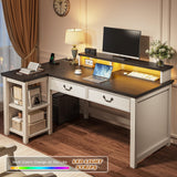 EnHomee 55" Computer Desk, L Shaped Desk with Drawers, Office Desk with Long Monitor Stand, Farmhouse Desk with Power Outlets & LED Lights, Home Office Desks for Bedroom with Storage Shelves EnHomee