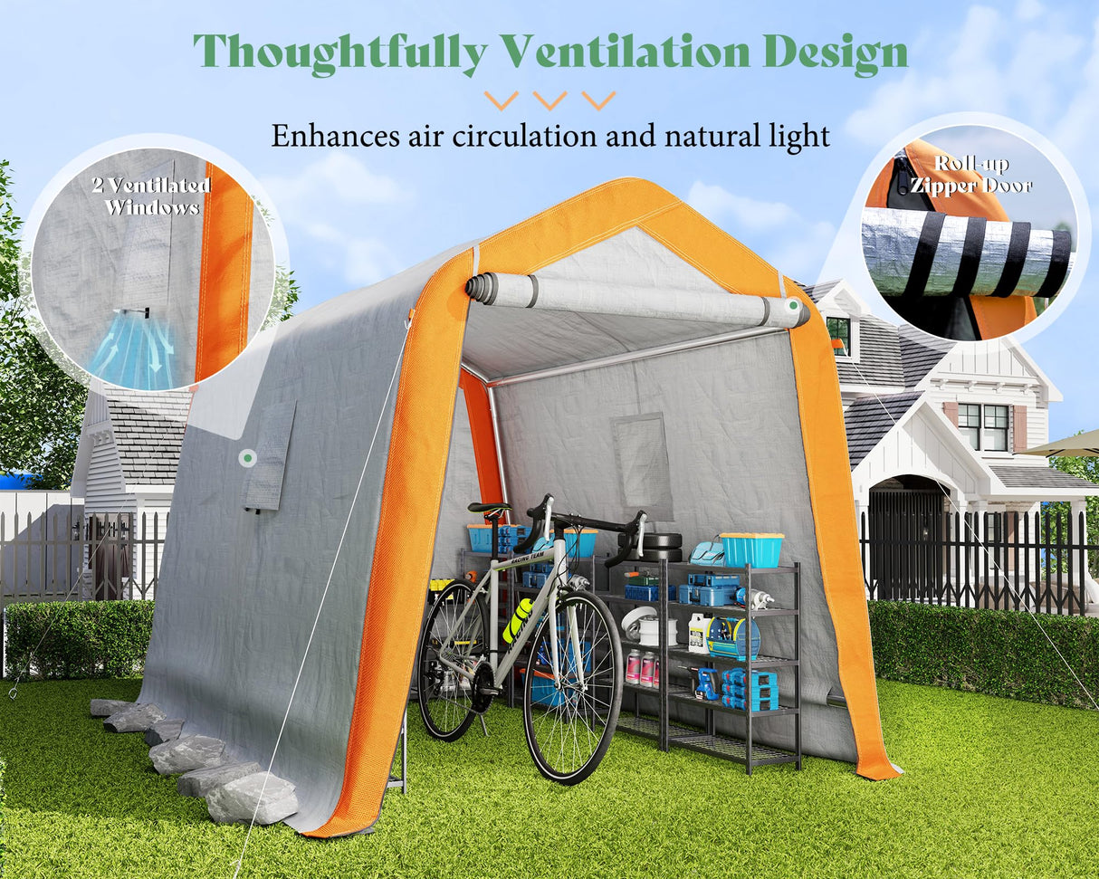 AMERLIFE 6x8x6.6 FT Heavy Duty Portable Shed Storage Shelter, Outdoor Storage Shed with 2 Waterproof Windows & Roll-up Zipper Door, Carport for Motorcycle, Bike, Grey AMERLIFE