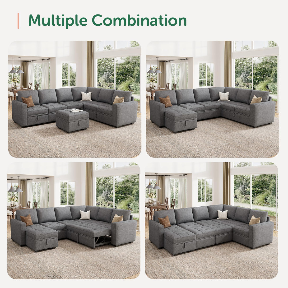 HONBAY Modular Sectional Sleeper Sofa with Pull Out Bed, Convertible L Shaped Sectional Couch with Storage Seat, Sectional Couches for Living Room,Grey HONBAY