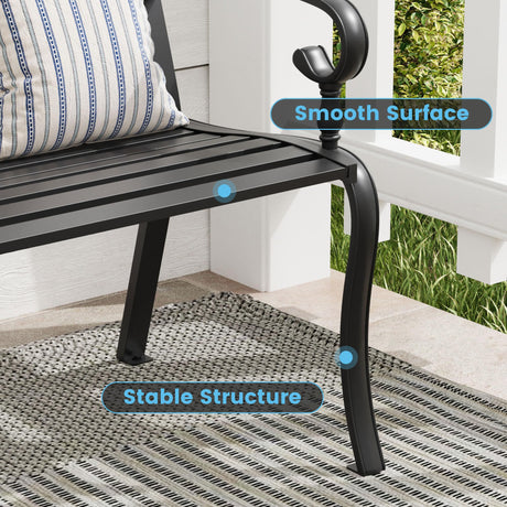 VOXBIN Outdoor Bench, 50 inches Metal Garden Bench, Cast Iron Steel Frame Patio Chairs w/Twist Circle Pattern Backrest for Park, Yard, Porch, Lawn, Balcony, Backyard, Black VOXBIN