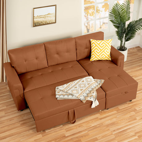 Naomi Home Jenny Sectional Sofa Sleeper with Storage Chaise, Tufted Pull Out Couch with Storage, Sectional Bed, L-Shaped Reversible Sleeper Sofa, Caramel,Air Leather Naomi Home