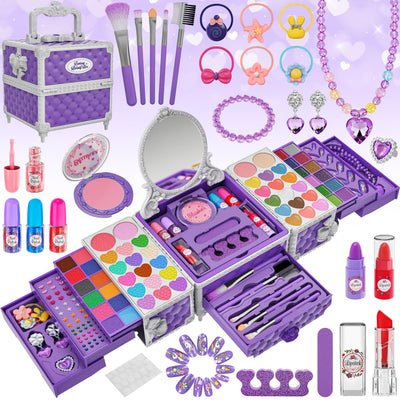 99 Pcs Kids Makeup Kit for Girls, Princess Toys Real Washable Cosmetics Set with Mirror, Hair Ties, Nails, Rings, Earrings, Necklace, Perfect for 3 4 5 6 7 8 Year Old Girls Birthday