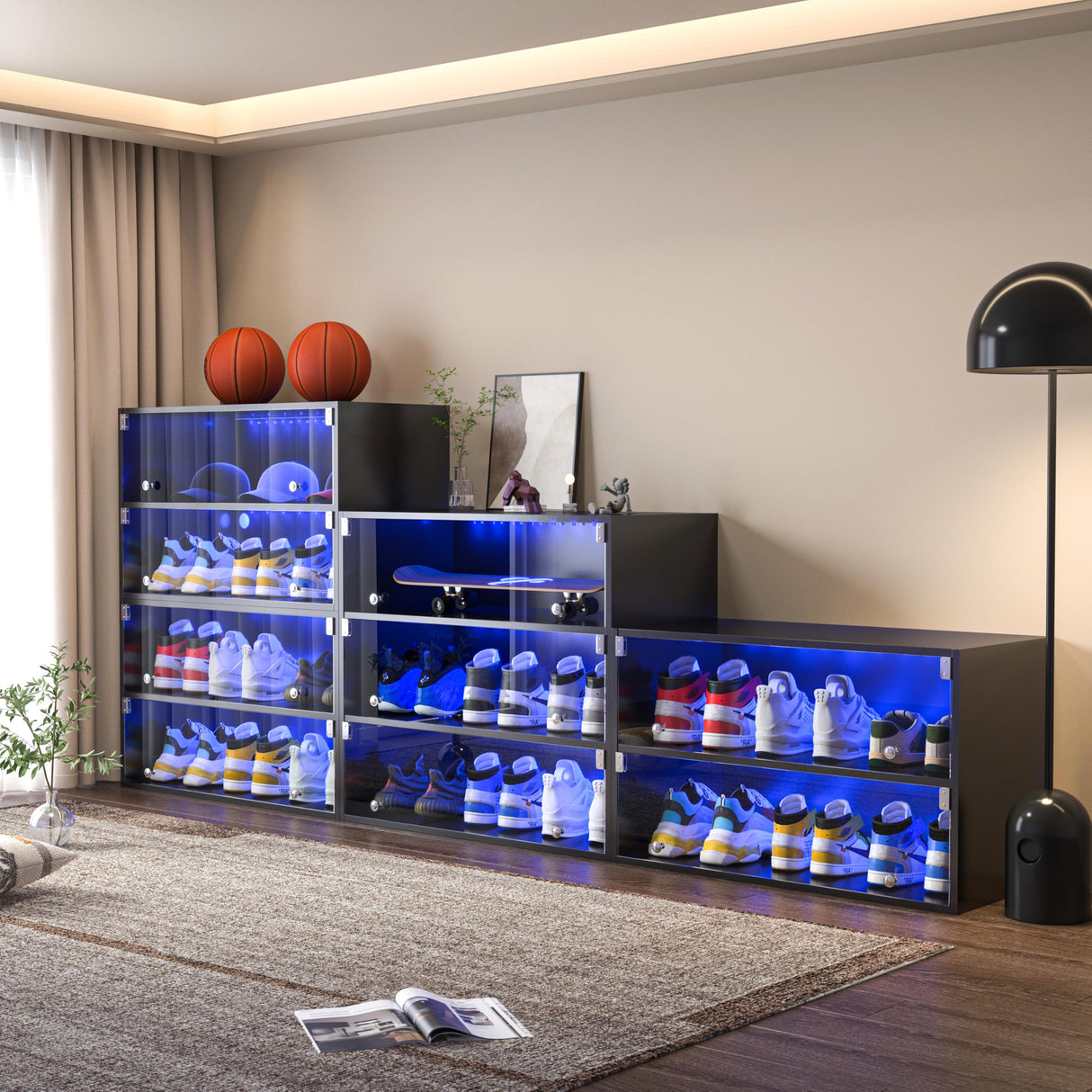 Stackable Sneaker Storage with LED Lights for Up to 9 Pairs of Shoes, Three Layers Shoe Rack with Thick Glass Door, Clear Shoe Boxes Sleek Wooden Showing Shoe Rack for Space Saving, Black Banzeem