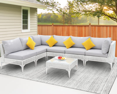 NICESOUL 7 Pieces 25.6" Deep Seat Patio Conversation Sets, White Open Weave Rattan Durable Patio Sectional Sofa, Weather Resistant Outdoor Seating Set for Backyard Terrace Porch, Light Grey
