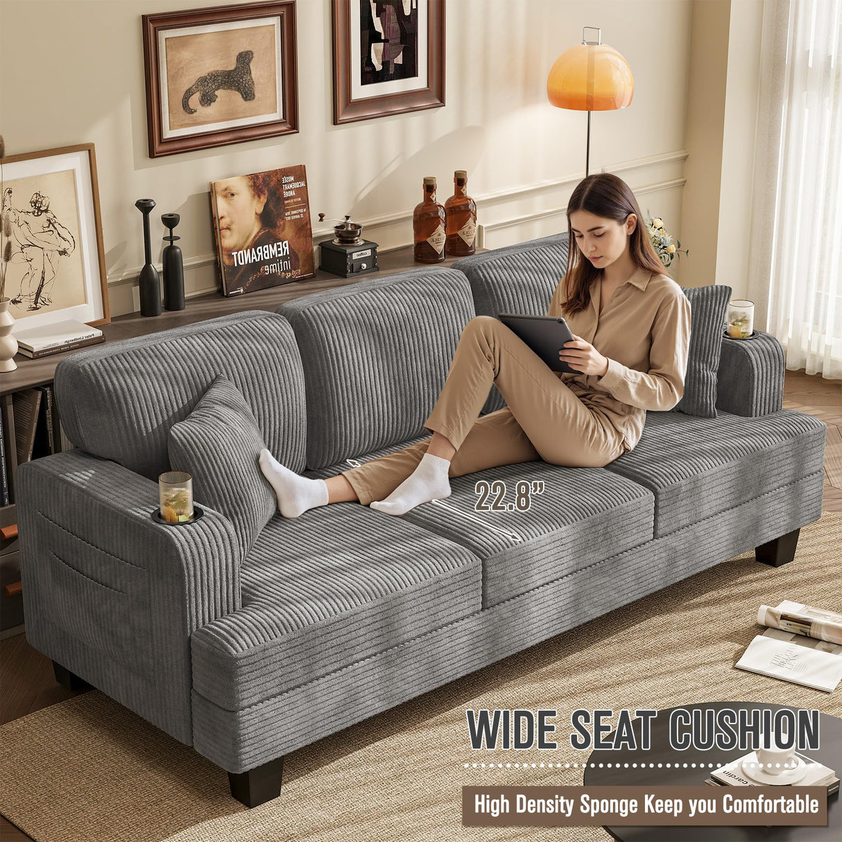 Homall Couch for Living Room, 83" Couches with Soft Deep Seats, Modern Sofa 3 Seater in Corduroy for Apartment, Bedroom (Gray) Homall