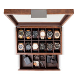 Glenor Co Watch Box with Valet Drawer for Men - 12 Slot Luxury Case Display Watch Organizer, Metal Buckle for Mens Jewelry Watches, Men's Storage Boxes Holder has Large Glass Top - PU Leather Brown Glenor Co