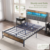 Welzona Full Bed Frames, Metal Bed Frames with Charging Station, LED Lights Bed Frames with Upholstered Storage Headboard, Sturdy and Noise-Free, Storage Space Under Bed, No Box Spring Needed, Brown Welzona