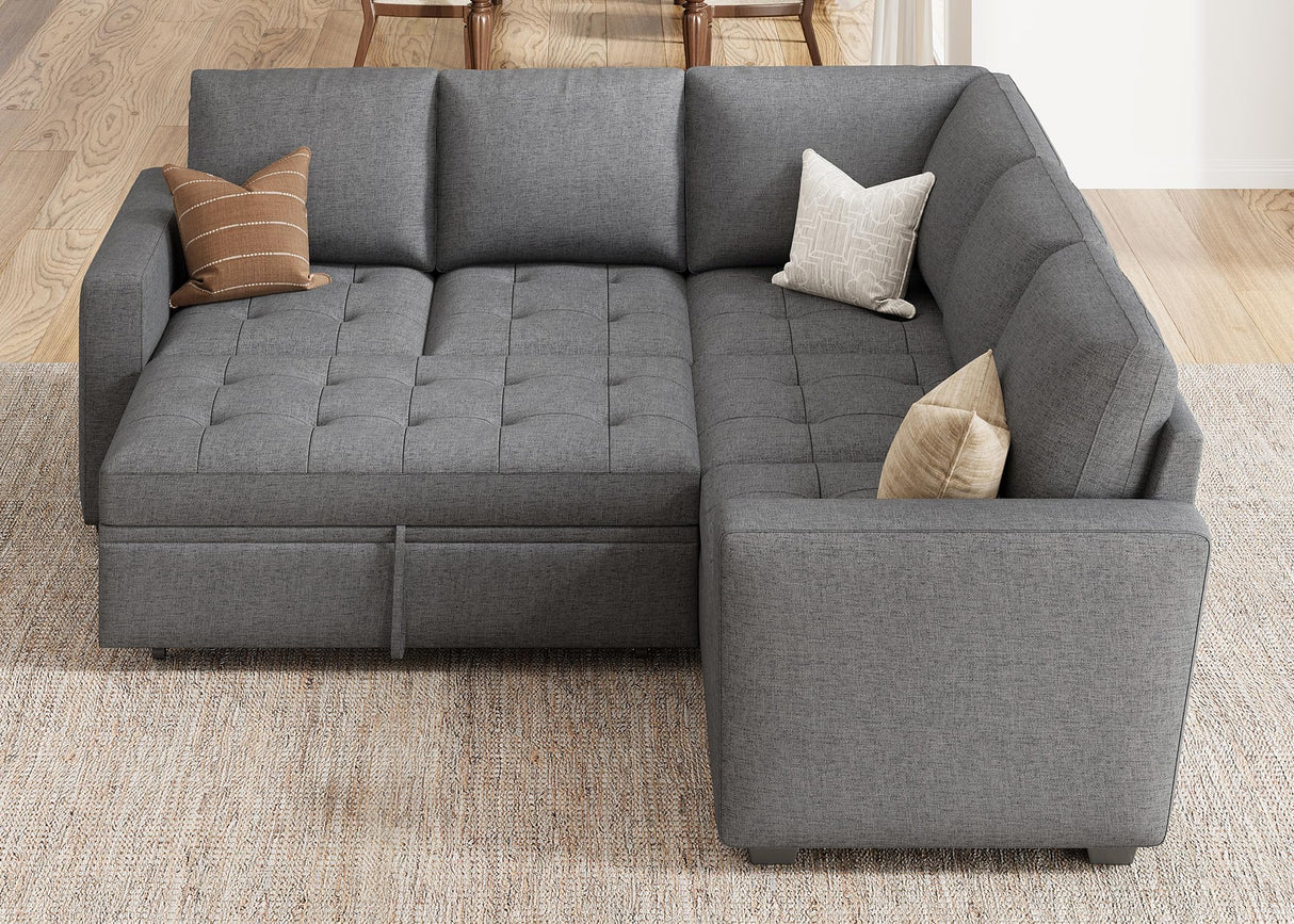 HONBAY Modular Sectional Sleeper Sofa with Pull Out Bed, Linen Convertible L Shaped Sectional Couch with Storage Seat, Sectional Couches for Living Room,Grey HONBAY