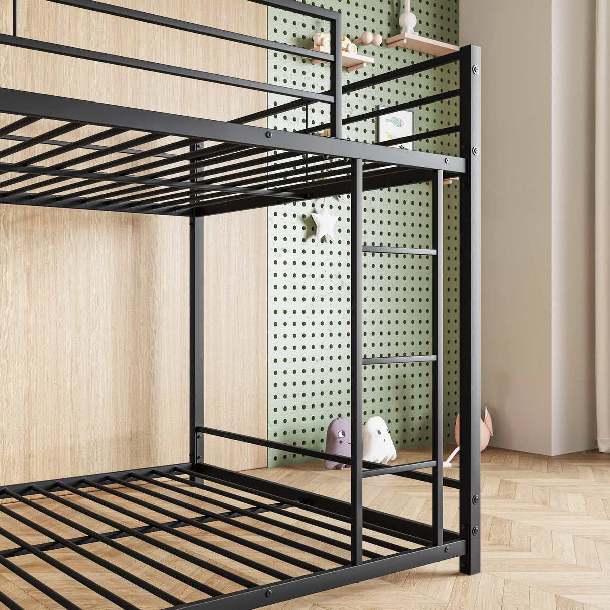JURMERRY Metal Bunk Bed Full Over Full Beds with Sturdy Guard Rail & Ladder, Space-Saving Design No Box Spring Needed,Black JURMERRY