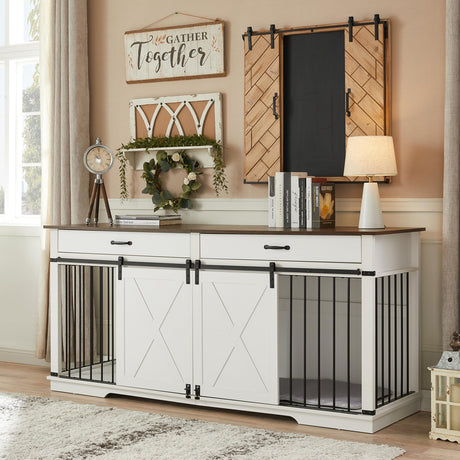 72.5" Extra Large Furniture Style Double Dog Crates for Large Breeds, XXL Wooden Dog Kennel Furniture with Drawers, Divider, Water Resistant & Barn Door for 2 Dogs, White EDYO LIVING