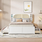 Mid-Century Modern Platform Bed with Pull-Out Trundle and 2 Storage Drawers, Queen Size Wooden Bed Frame with Rattan Design Headboard for Home Apartment Limited Living Spaces, No Box Spring Needed FULife
