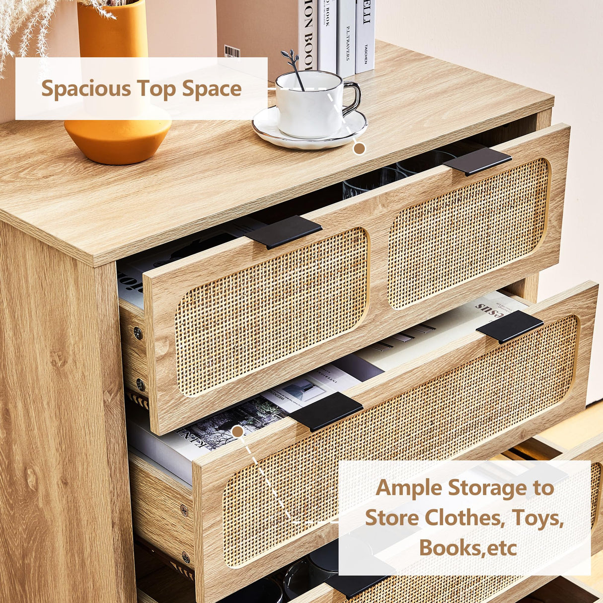 LEVNARY 4 Drawer Dresser for Bedroom, Rattan Dresser Drawers Storage Cane Cabinet, Wooden Chest of Drawers for Bedroom, Entryway, Living Room (1, Natural) LEVNARY