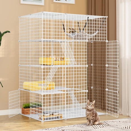 YITAHOME 4-Tier Large Cat Cage, Indoor Enclosure Metal Wire Kennels DIY Cat Playpen with Large Hammock for 1-3 Cats White YITAHOME