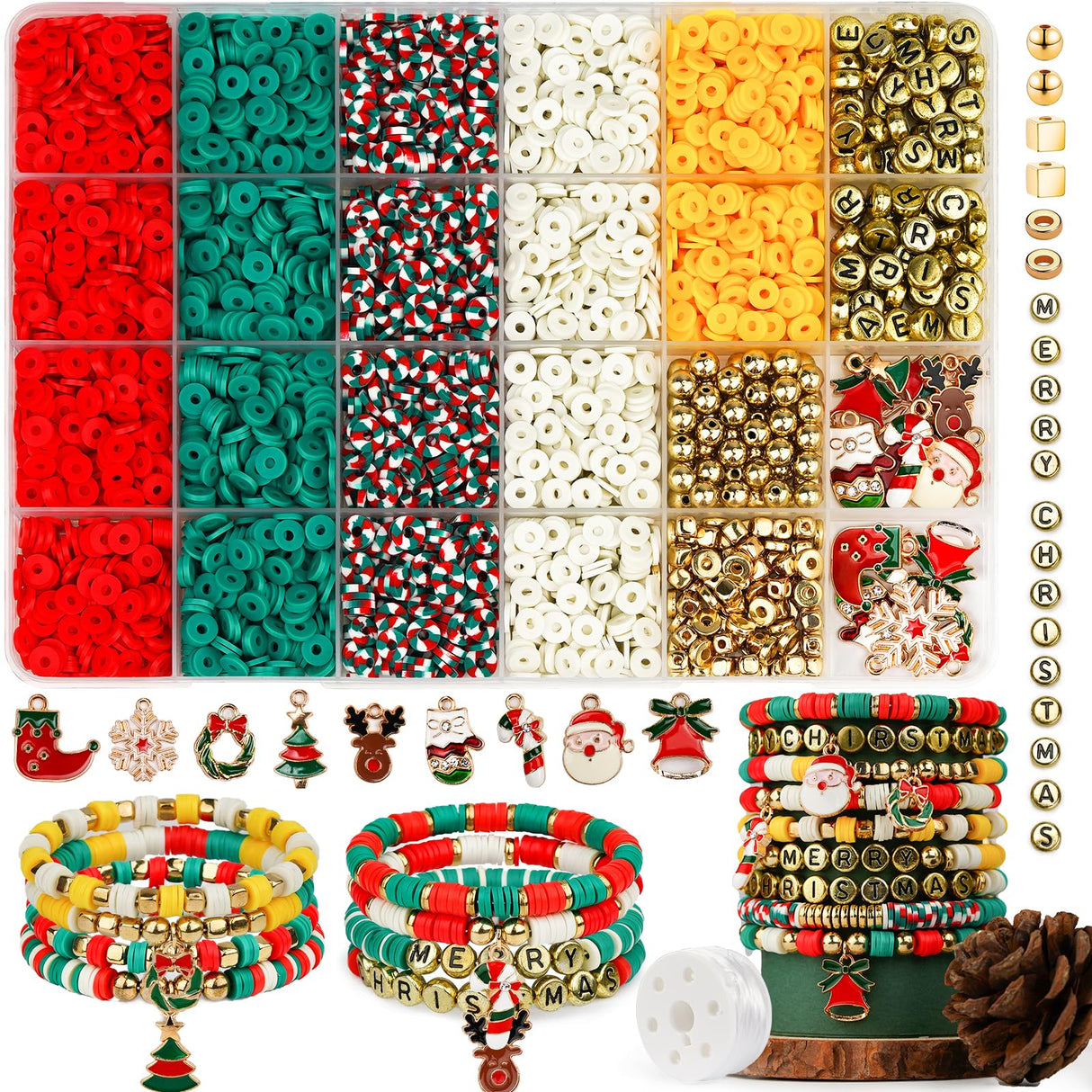 Gionlion Christmas Beads for Bracelets, Clay Beads Bracelat Making kit Golden Beads Christmas Crafts Decorations Charms for Jewelry Making, Christmas Gifts for Teen Girls Age 6-12 Gionlion