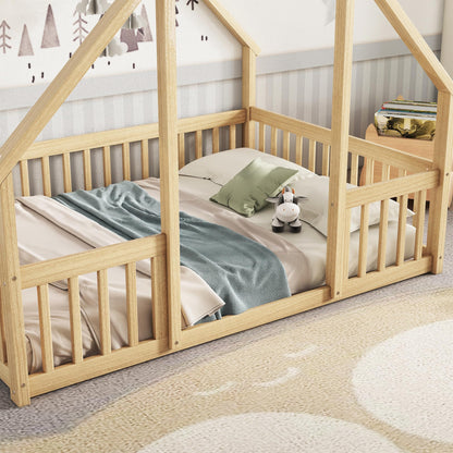 Bellemave Natural Wood House Floor Bed for Kids with Roof and Fence, Full Size Montessori Design