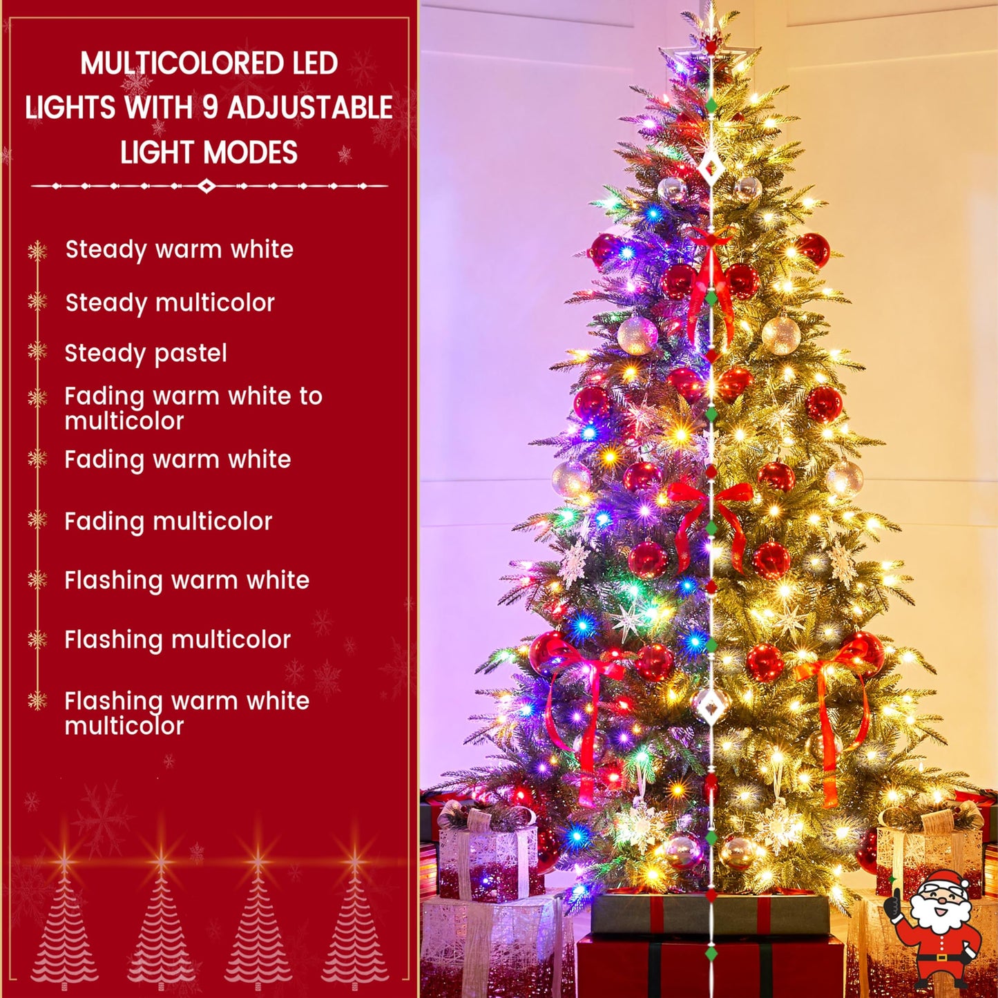 Yaheetech 6ft Pre-Lit Aspen Christmas Tree with 350 Multicolored LED Lights, 1576 PE & PVC Branch Tips, 9 Light Modes Lighted Artifical Noble Fir, Holiday Décor, Foldable Metal Stand