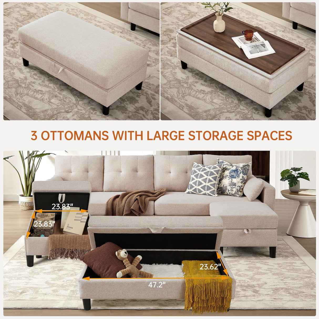 Convertible Sectional Sleeper Sofa with Storages, 100" U Shaped 4 Seater Couch with 2 Movable Ottomans and 1 Ottoman Bench Polyester Fibre for Living Room, Beige Soscana