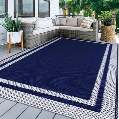 KMAT Outdoor Rug, Waterproof Reversible Patio Rugs, 5x8ft Large Outdoor Area Rug Foldable Plastic Camping Rugs for Outside RV, Patio,Picnic,Camper,Balcony,Porch (Blue &White)