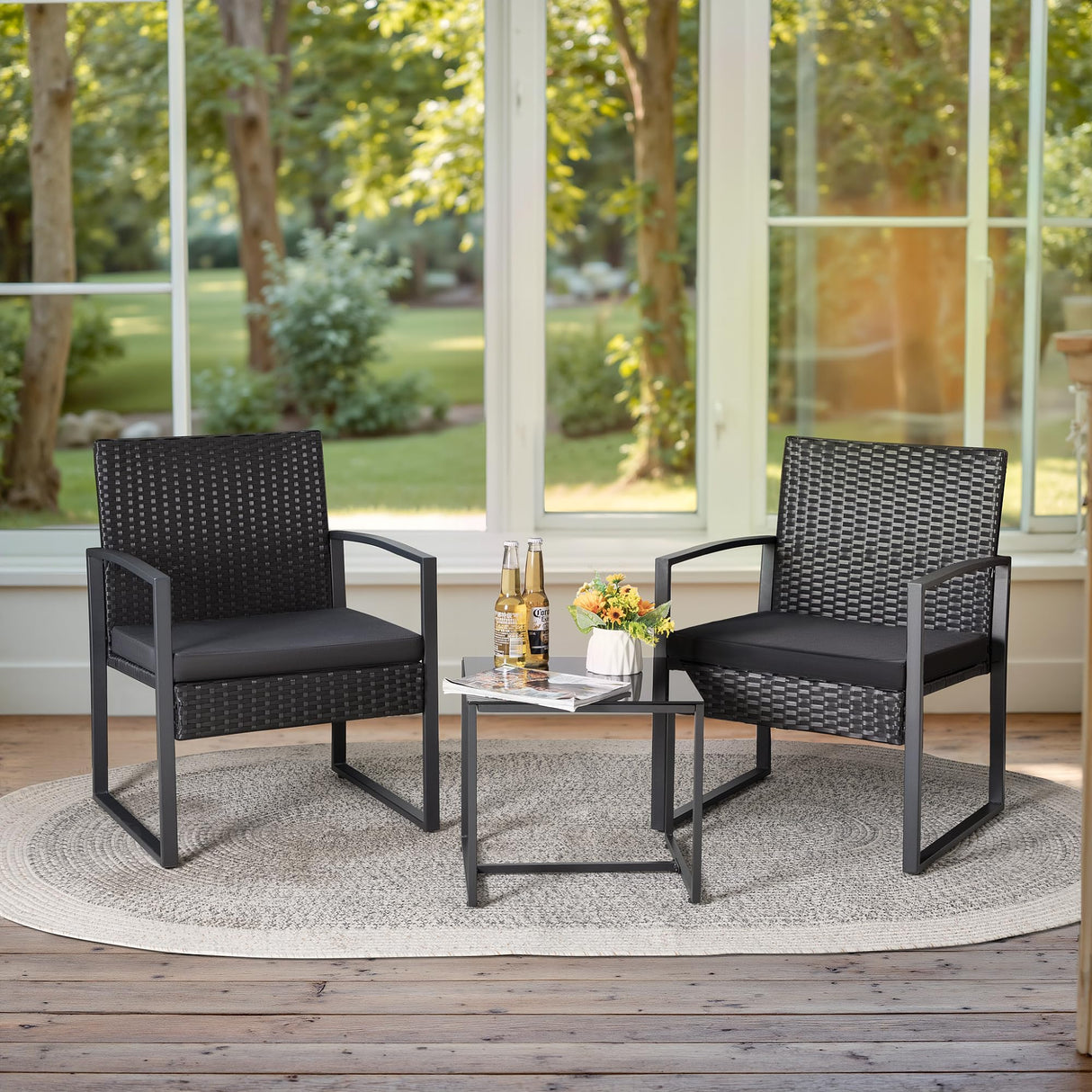 Greesum 3 Piece Wicker Conversation Bistro Sets Outdoor Patio Set Modern Rattan Chair Furniture Sets with Coffee Table for Yard Garden Porch Lawn (Black) Greesum