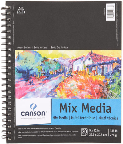 Canson Artist Series Mixed Media Paper, Wirebound Pad, 9x12 inches, 30 Sheets (138lb/224g) - Artist Paper for Adults and Students - Watercolor, Gouache, Graphite, Ink, Pencil, Marker