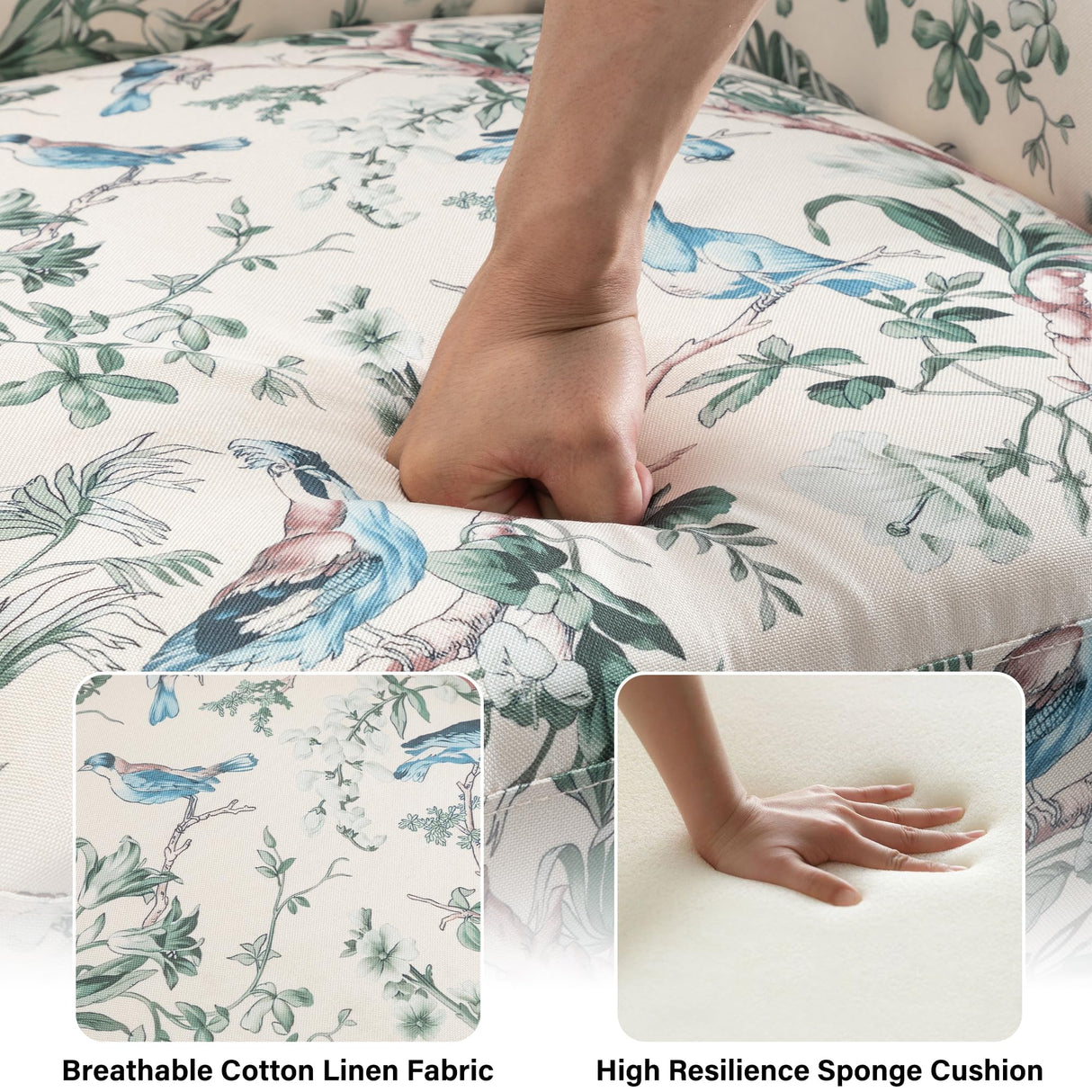 Wingback Recliner Chair, Floral Fabric Pushback Recliner Chair, Upholstered Armchair Push Back Recliner, Rivet Trim Single Sofa Accent Chair with Wood Legs for Living Room, Bird Lumibee