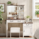 Maupvit Farmhouse Makeup Vanity Desk with LED-Light Mirror with Charging Station and Bedside Table ，3 Lighting Color Adjustable，White Vanity Desk Set with Large Drawers for Bedroom Maupvit