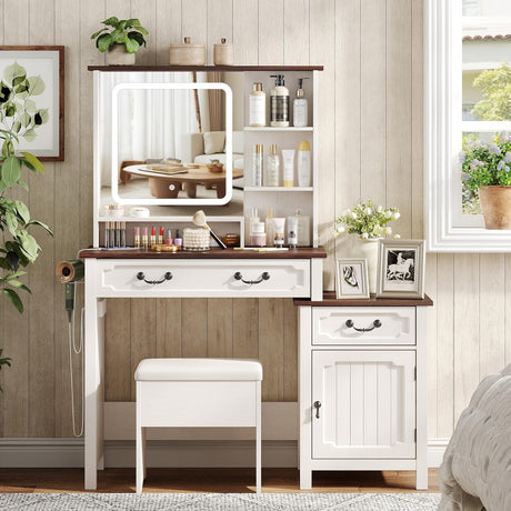 Maupvit Farmhouse Makeup Vanity Desk with LED-Light Mirror with Charging Station and Bedside Table ，3 Lighting Color Adjustable，White Vanity Desk Set with Large Drawers for Bedroom Maupvit