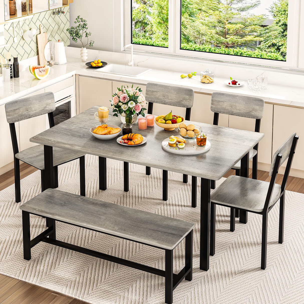 AWQM 6-Piece Dining Set, Modern Dining Table Set for 4-6,Kitchen Table Set with Chairs and Bench,Dining Room Table Set with Metal Frame & MDF Board, Table & Chairs Set for Small Space,Apartment,Grey AWQM