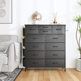 Lulive Dresser for Bedroom with 12 Drawers, Tall Dresser Chest of Drawers with Side Pockets and Hooks, Fabric Dresser Storage Tower for Closet, Hallway, Living Room (Black) Lulive