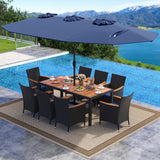 Tangkula 11 Piece Patio Wicker Dining Set w/Double-Sided Patio Umbrella, 8 Stackable Cushioned Chairs, 71" Acacia Wood Dining Table & 15 ft Umbrella with Weighted Base (Navy + Navy) Tangkula