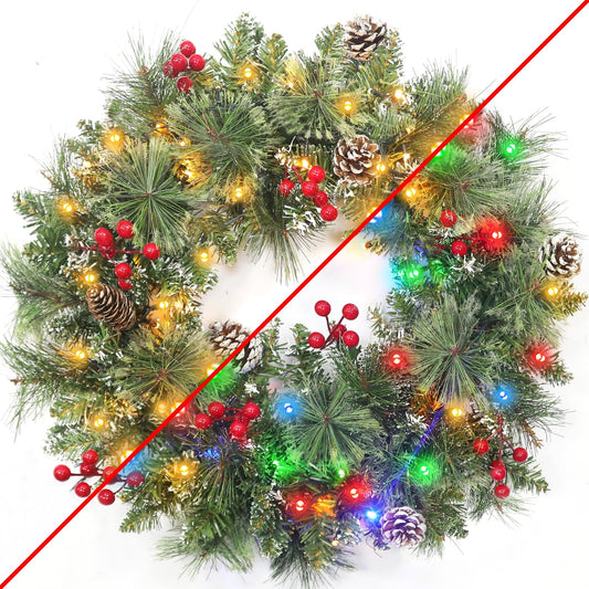 Dual Color Change&Timer-Prelit Christmas Wreaths for Front Door,50 Warm White&Color Light 8 Mode,Pinecone,Red Berry,Lifelike Spurce Mixed Pine Branches Xmas Cedar Wreath for Indoor Outdoor Use,20 Inch