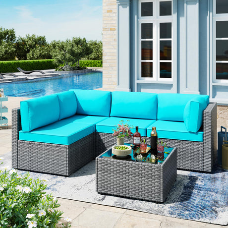 SUNLEI 5pcs Patio Outdoor Furniture Sets Conversation Set,Low Back All-Weather Rattan Sectional Sofa with Tea Table&Washable Couch Cushions(Silver Rattan) (Sky Blue) SUNLEI