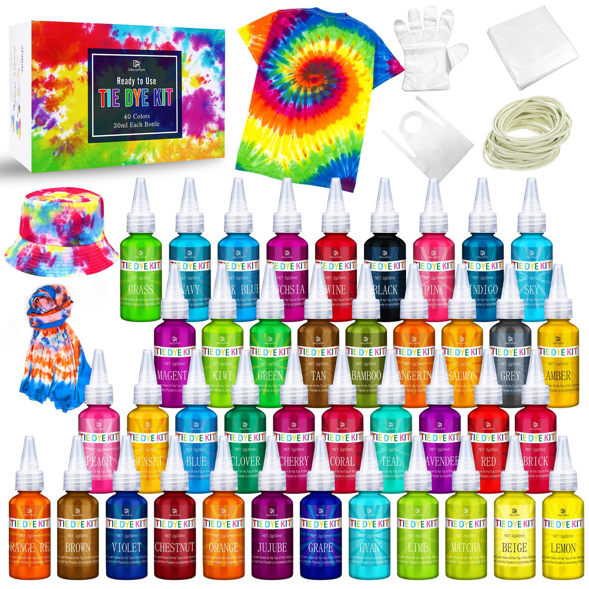 Tie Dye Kit - 40 Colors Fabric Tie Dye Kits for DIY Textile Paint Art - All-in-1 Tie-Dye Color Powder Set for Shirt, Hoodie, Fabric Clothes Painting, Party Supplies, Adults and Kids Handmade Crafts DecorRom