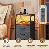 WLIVE Nightstand with Charging Station, Night Stand with LED Light, Tall 4 Drawer Dresser for Bedroom, 37" H Bedside Table with Fabric Storage Bins, Open Wood Shelf, Metal Frame, Dark Grey WLIVE