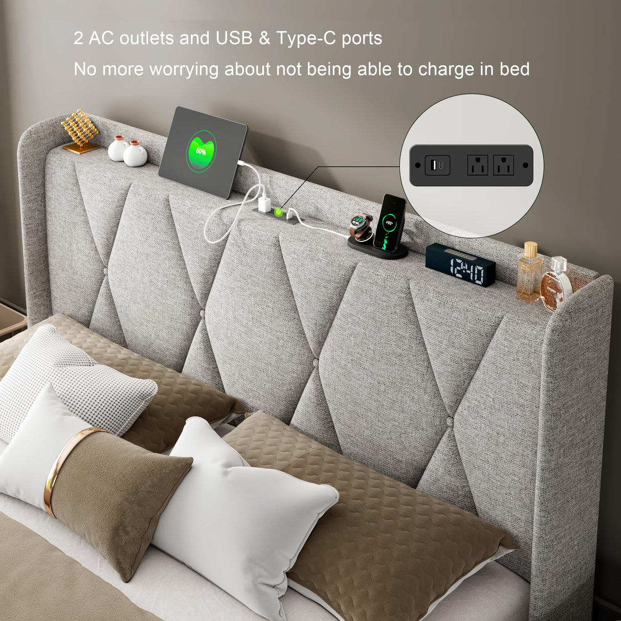 Feonase Full Bed Frame with 4 Storage Drawers, Upholstered Button Tufted Storage Headboard with Fast Charging Station, Heavy Duty Slats Support, No Box Spring Needed, Noise-Free, Light Grey Feonase