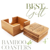 Set of 4 - Personalized Coasters w/Holder - 6 Designs - Custom Laser Engraved Bamboo Coasters - Wedding Gifts for The Couples, Anniversary, Engagement USA Custom Gifts