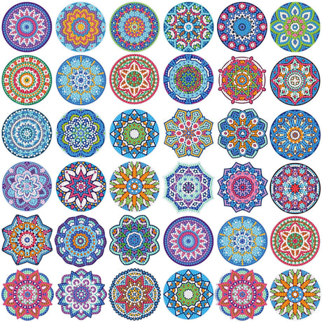 Saillong 36 Pcs Mandala Diamond Painting Sticker 5d DIY Diamond Sticker Mandala Painting Creative Decals Resin Rhinestone Gem Art Kits for Refrigerator Boho Home Crafts Adults Gift Decor Saillong
