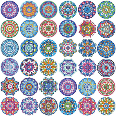 Saillong 36 Pcs Mandala Diamond Painting Sticker 5d DIY Diamond Sticker Mandala Painting Creative Decals Resin Rhinestone Gem Art Kits for Refrigerator Boho Home Crafts Adults Gift Decor