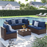 UDPATIO Patio Furniture Set, 7 Piece Outdoor Sectional Sofa, Modular Wicker Outdoor Furniture Conversation Sets with Waterproof Cover for Backyard Deck(Brown/Navy Blue) UDPATIO