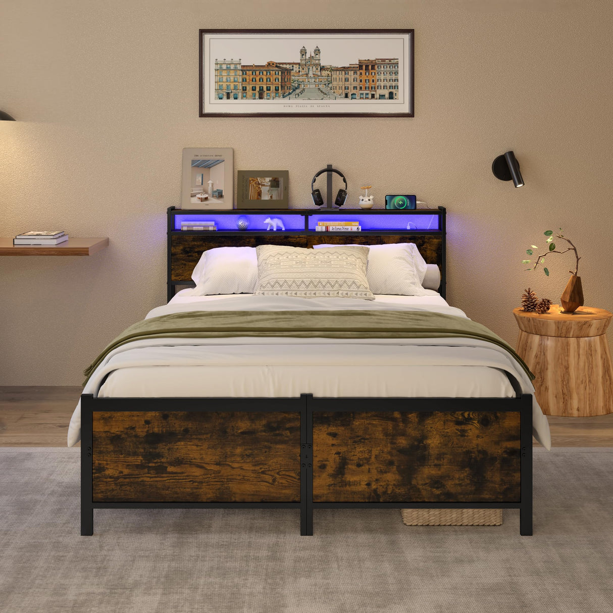 Bellemave Queen Size Bed Frame with Charging, Queen Size Bed Frame with Headboard and Charging Station, Brown Platform Bed Frame with Led Lightstation, No Box Spring Needed, (Queen,Rustic Brown) Bellemave