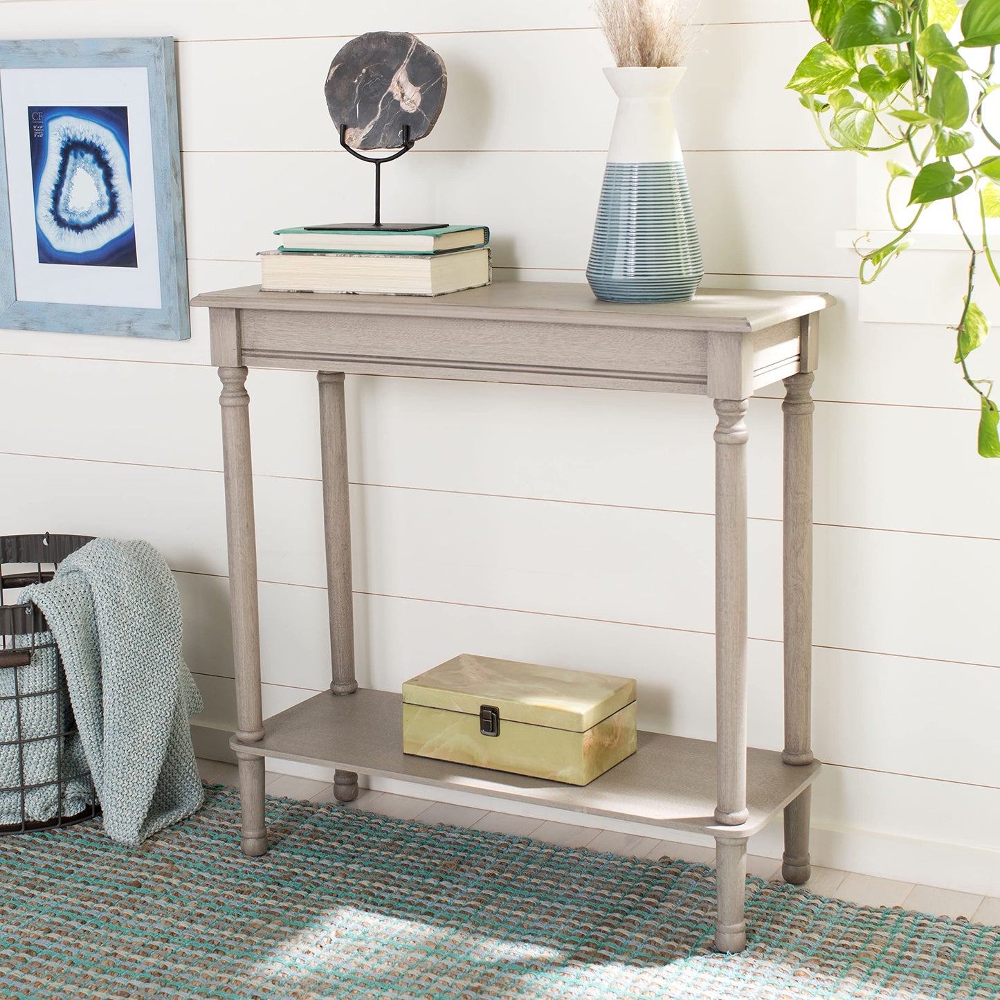 Safavieh Home Collection Tinsley Greige Rectangular Bottom Shelf Console Table - WoodArtSupply