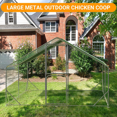 Large Metal Chicken Coop, 9.8 x 13.1x 6.5Ft Walk-in Poultry Cage, Hen House with Reinforcement & Waterproof Cover Chicken Coop Run with Double Lockable Doors for Outdoor MegaChoice