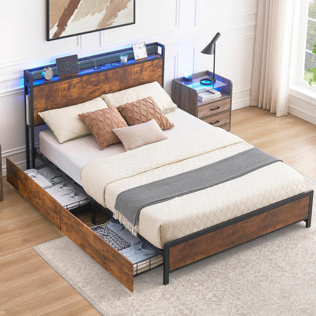 IDEALHOUSE Vintage Brown Full LED Bed Frame with Storage Headboard, Charging Station, and 4 Drawers IDEALHOUSE