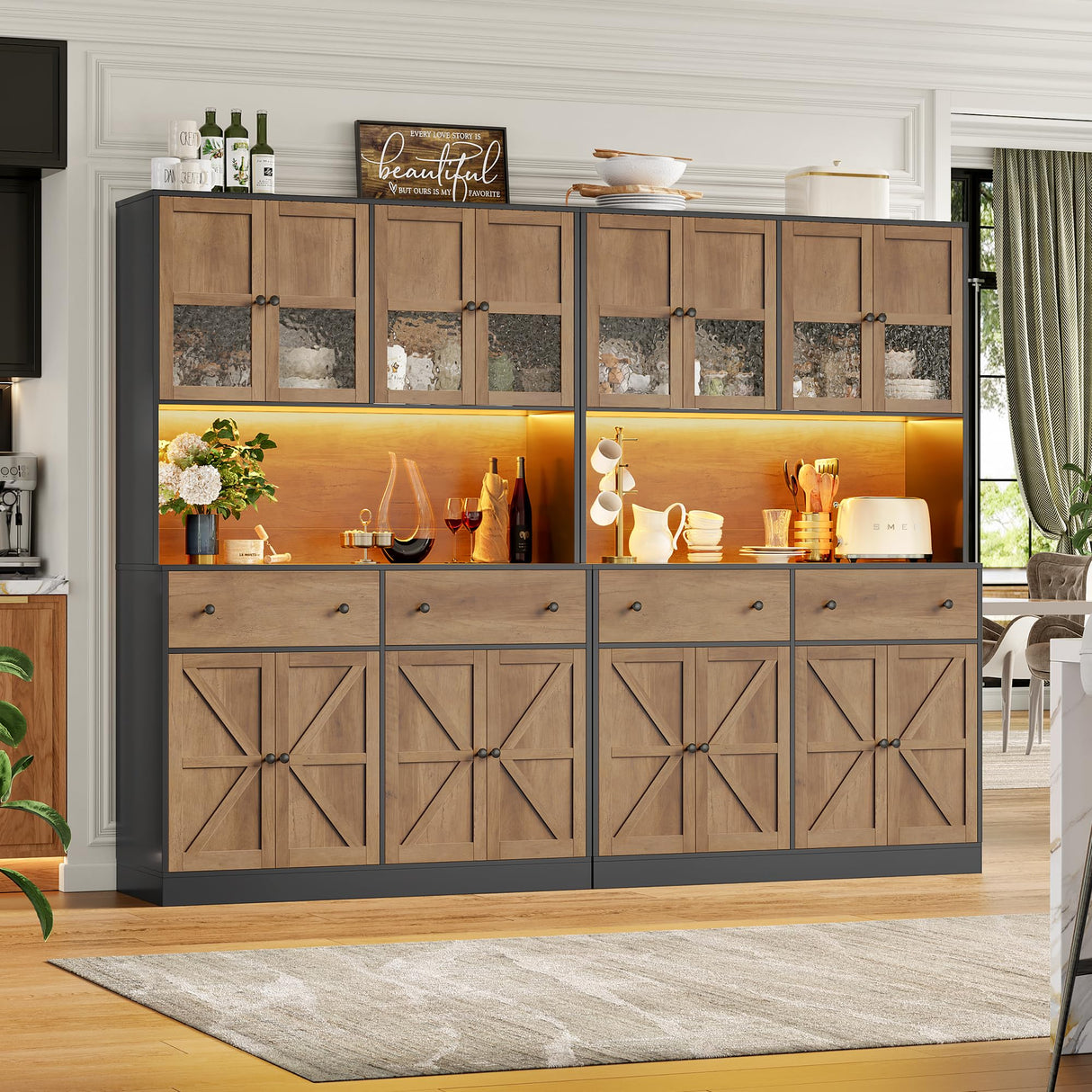 FINETONES 71" Pantry Cabinet with LED Light and Charging Station, Farmhouse Kitchen Pantry Cabinet with Microwave Stand, 47.2" Wide Kitchen Hutch Food Pantry with Open Countertop, Black/Brown FINETONES