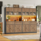 FINETONES 71" Pantry Cabinet with LED Light and Charging Station, Farmhouse Kitchen Pantry Cabinet with Microwave Stand, 47.2" Wide Kitchen Hutch Food Pantry with Open Countertop, Black/Brown FINETONES