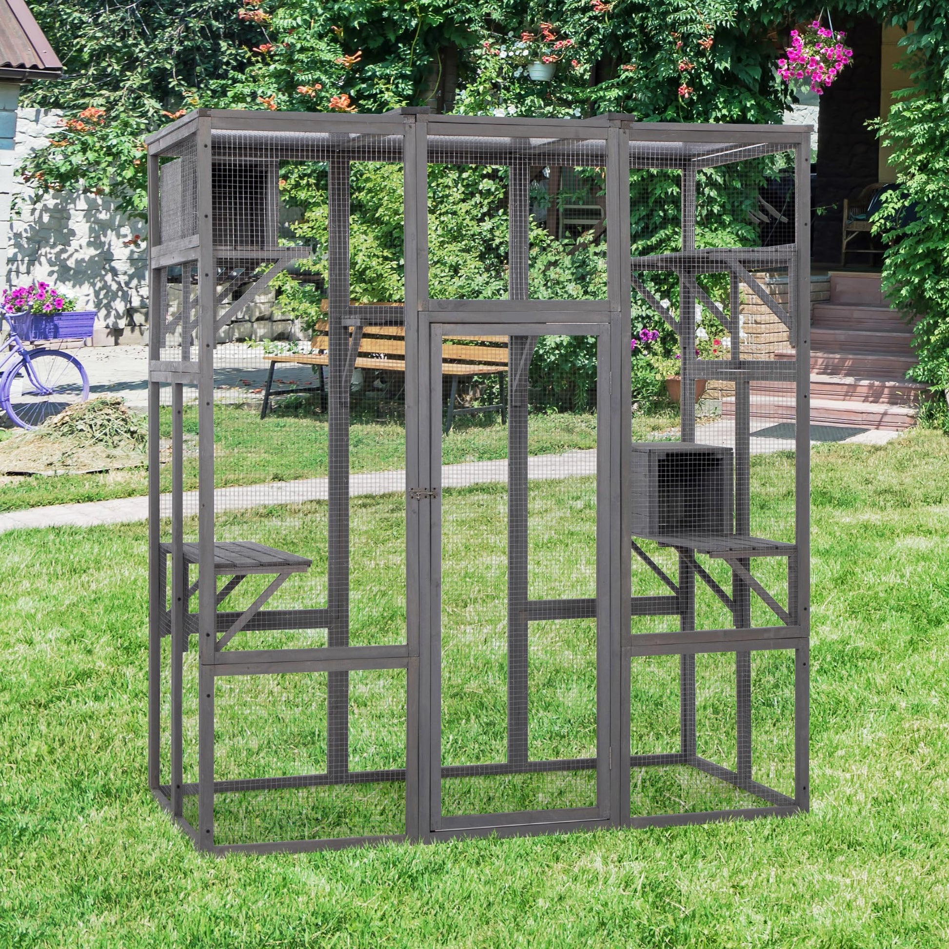 OELUBBY Large Cat Enclosure Wooden Cage Catio Pet Outdoor Playhouse Run House with Hiding Boxes and Solar Top, Pet Kennel Playpen with Jumping Activity Platforms 63'' x 33'' x 70'', Gray - WoodArtSupply