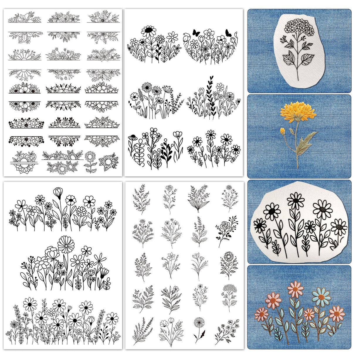 Water Soluble Embroidery Patterns Stabilizers - Rngmsi 4 Pcs Floral Stick and Stitch Embroidery Paper Wash Away, Sunflower Designs Transfer Patterns Stabilizers for Hand Sewing Rngmsi