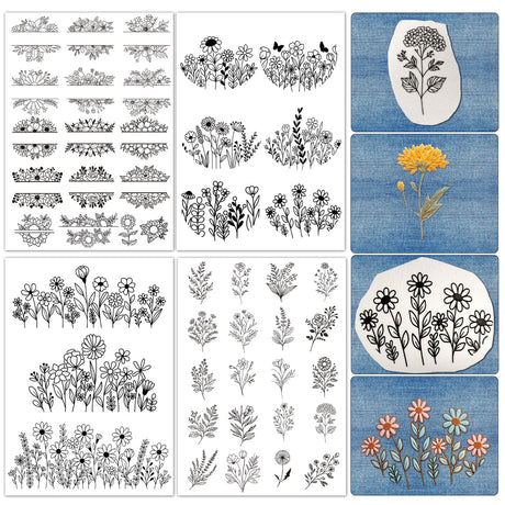 Water Soluble Embroidery Patterns Stabilizers - Rngmsi 4 Pcs Floral Stick and Stitch Embroidery Paper Wash Away, Sunflower Designs Transfer Patterns Stabilizers for Hand Sewing Rngmsi