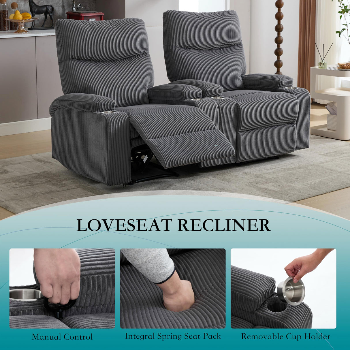 Recliner Chair, Manual Sofa-3 Comfortable Seating Positions, Ideal for Living Room, Office, RV, or Home Theater, Oversized Recliner Chairs for Adults(Dark Grey) AIWOEN