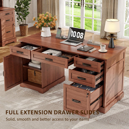 Whalefall 55'' Farmhouse Desk Home Office with Drawers, Executive Computer Desk Wooden with File Cabinet and Charging Station, Cerry Brown